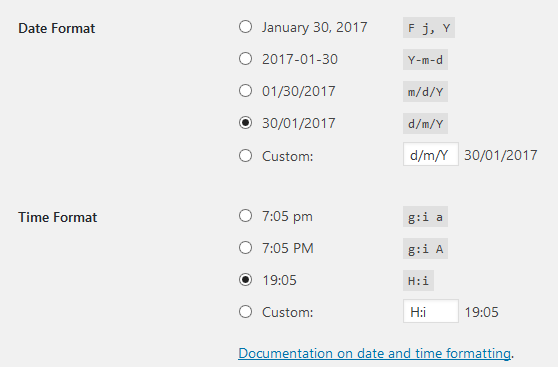 WordPress - date and time format settings.